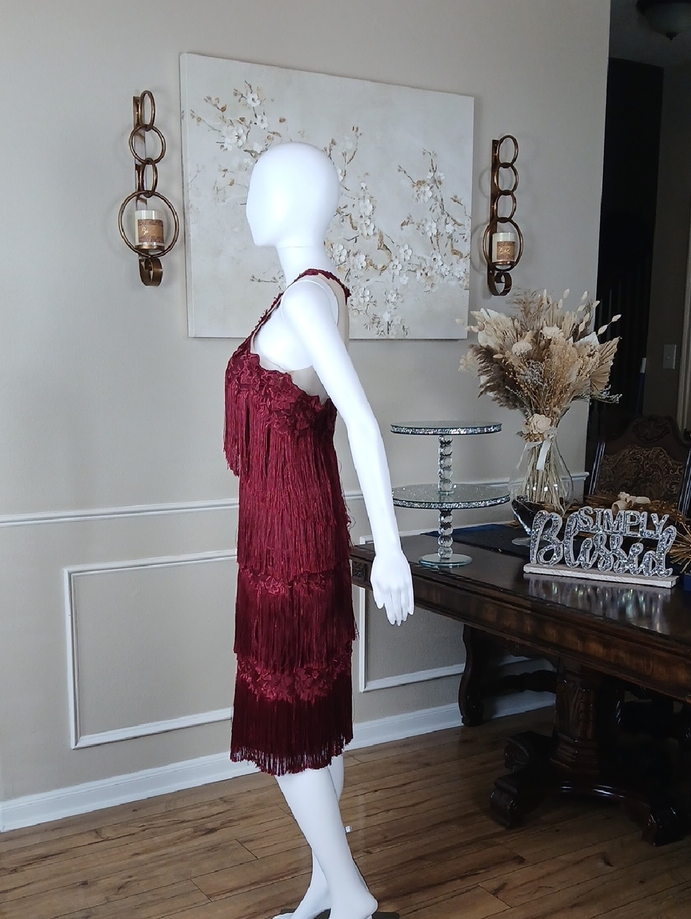 New Women's Fringed Wine Embroidered Cocktail Dress By Marchesa Notte. Size 2 - Picture 9 of 16